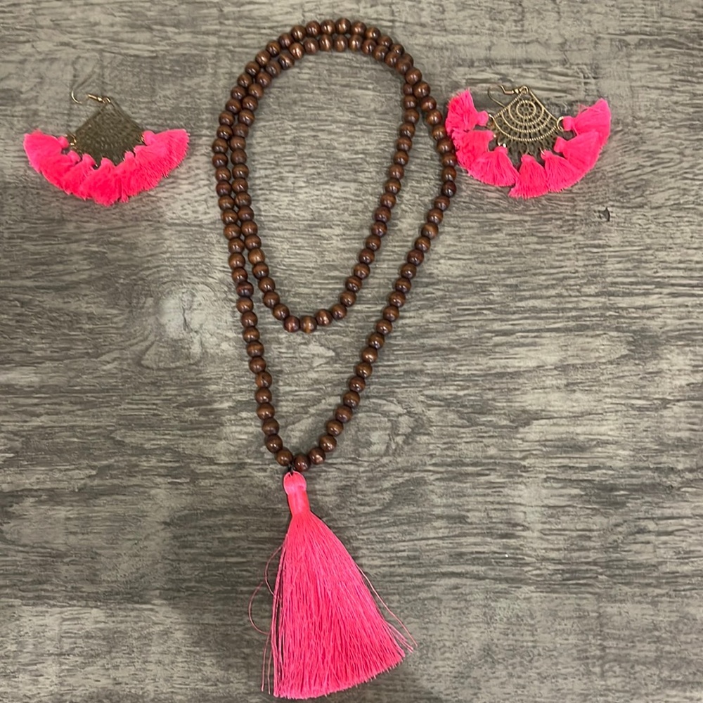 Wood beaded necklace with pink tassel & pink tassel earrings